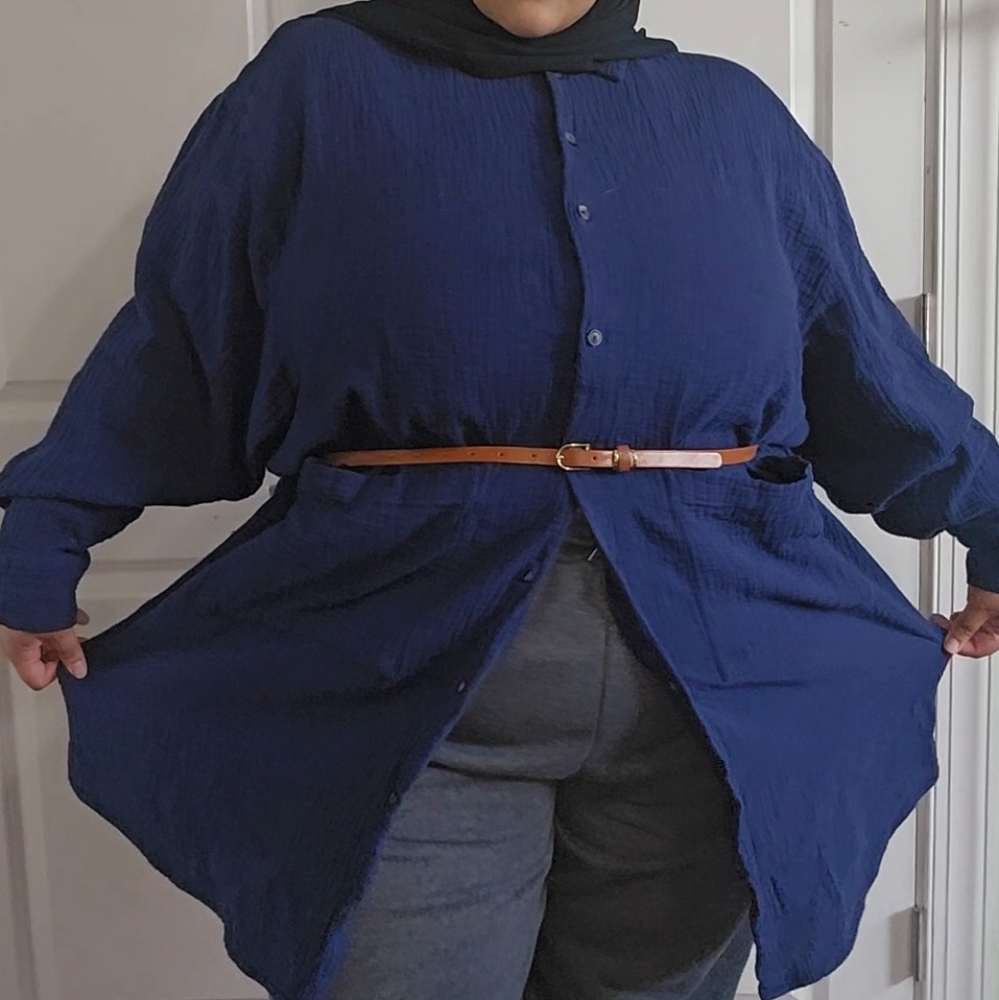 Blue Doublecloth Button-Up Shirt Dress